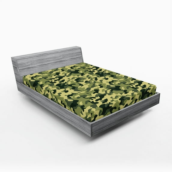 Ambesonne Camouflage Fitted Sheet 2 Pcs Set, Pale Clothing Motif, King, Green Yellow