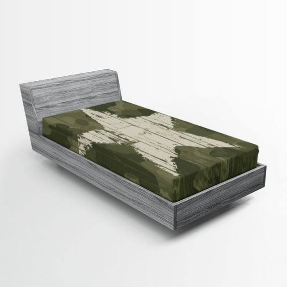 Ambesonne Camouflage Fitted Sheet, Grunge Star on Green, Twin XL Size, Dark Green Dust
