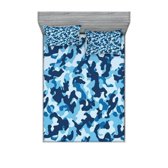 Ambesonne Camouflage Fitted Sheet & Pillow Sham Set, Blue Toned Design, Full, Blue Coconut