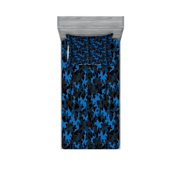 Ambesonne Camouflage Fitted Sheet & Pillow Sham Set, Dark Tones Hiding, Twin, Army Green Black and Blue