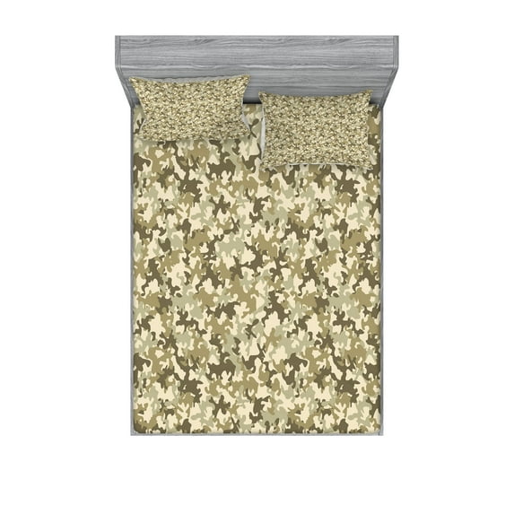Ambesonne Camouflage Fitted Sheet & Pillow Sham Set, Faded Colors Classic, King, Khaki Olive Green