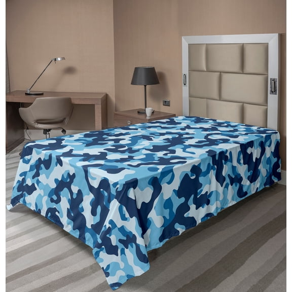 Ambesonne Camouflage Flat Sheet, Blue Toned Design, TwinXL Size, Blue Coconut