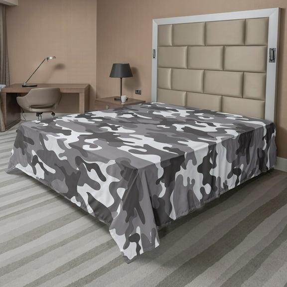 Ambesonne Camouflage Flat Sheet, Grey Color Shades, California King, Grey Coconut