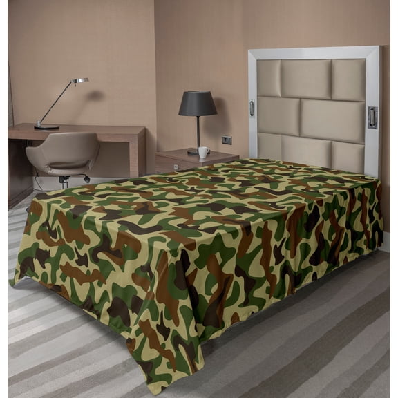 Ambesonne Camouflage Flat Sheet, Hunter in Forest, Twin Size, Green Brown Khaki