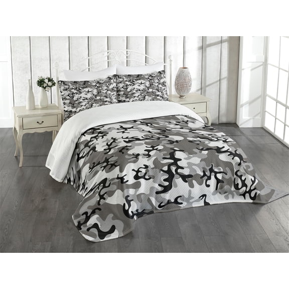 Ambesonne Camouflage Quilted Bedspread Set 3 Pcs, Camouflage Concept, Queen Size, Black Grey Grey
