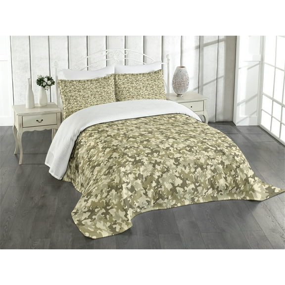 Ambesonne Camouflage Quilted Bedspread Set 3 Pcs, Faded Colors Classic, Queen Size, Khaki Olive Green