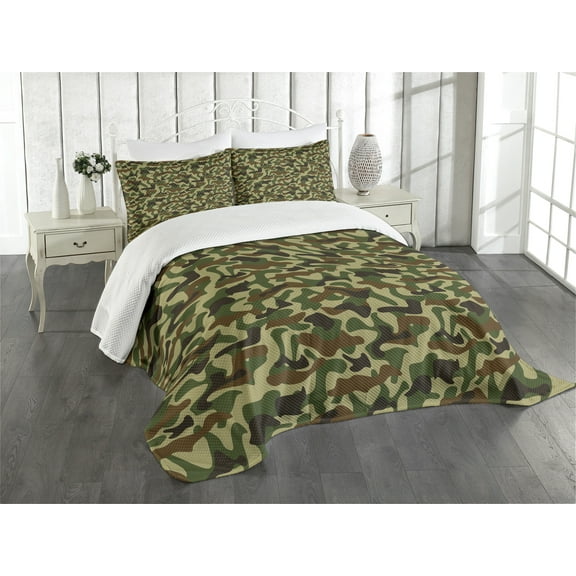 Ambesonne Camouflage Quilted Bedspread Set 3 Pcs, Hunter in Forest, King Size, Green Brown Khaki