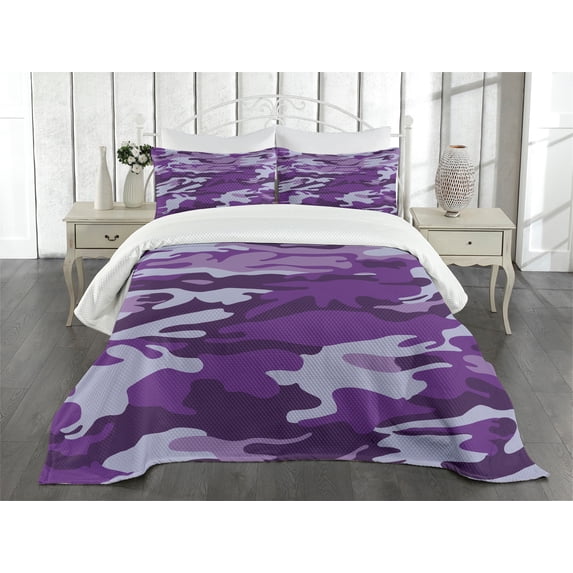 Ambesonne Camouflage Quilted Bedspread Set 3 Pcs, Purple Toned Waves, King Size, Purple Pale Grey