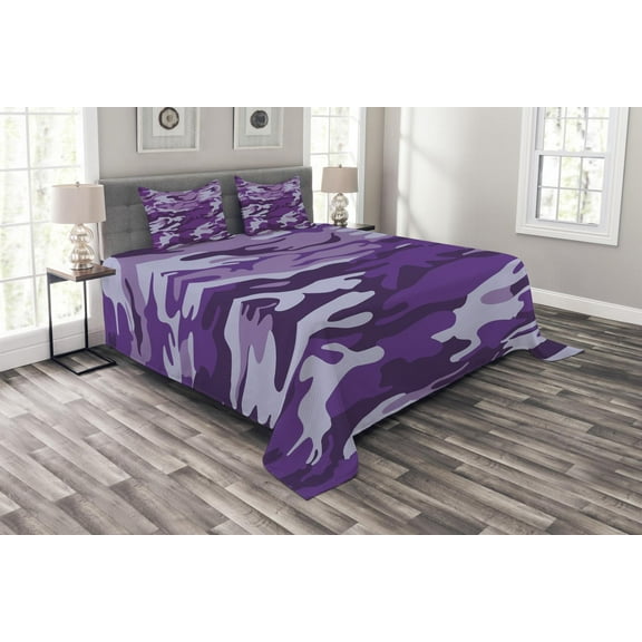 Ambesonne Camouflage Quilted Bedspread Set 3 Pcs, Purple Toned Waves, Queen Size, Purple Pale Grey