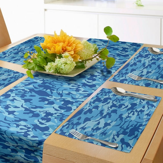 Ambesonne Camouflage Table Runner & Placemats, Aquatic Abstract, Placemat 4 pcs + Runner 12"x72", Pale Blue Navy Blue