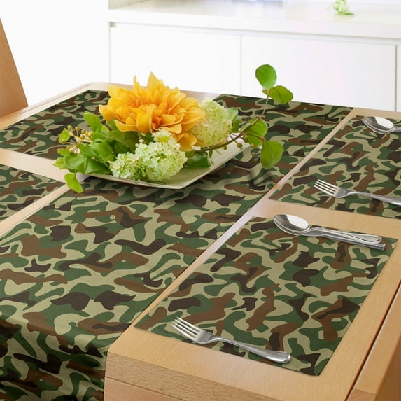 Ambesonne Camouflage Table Runner & Placemats, Hunter in Forest, Placemat 4 pcs + Runner 16"x90", Green Brown Khaki