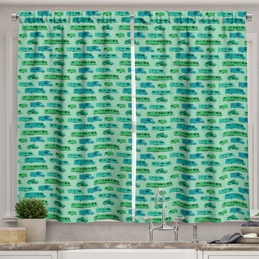Ambesonne Camper Kitchen Curtains, Squares and Caravans, 55"x45", Mint Green Green