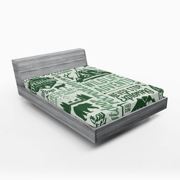Ambesonne Camping Fitted Sheet 2 Pcs Set, Outdoors Adventure Theme, Full, Pale Green Dark Green