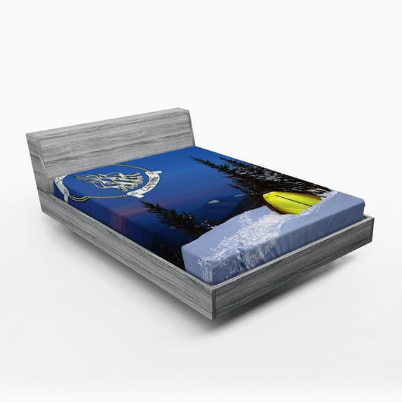 Ambesonne Camping Fitted Sheet, Winter Adventure Tent Snow, Full Size, Yellow and Azure Blue