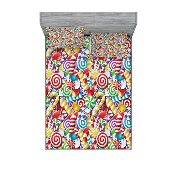 Ambesonne Candy Cane Fitted Sheet & Pillow Sham Set, Bonbons Lollipops, Queen, Multicolor