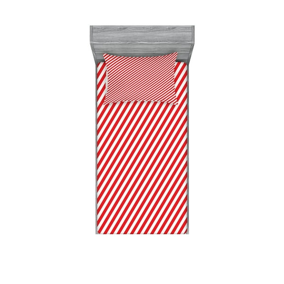 Ambesonne Candy Cane Fitted Sheet & Pillow Sham Set, Diagonal Red Lines, Twin, Red White