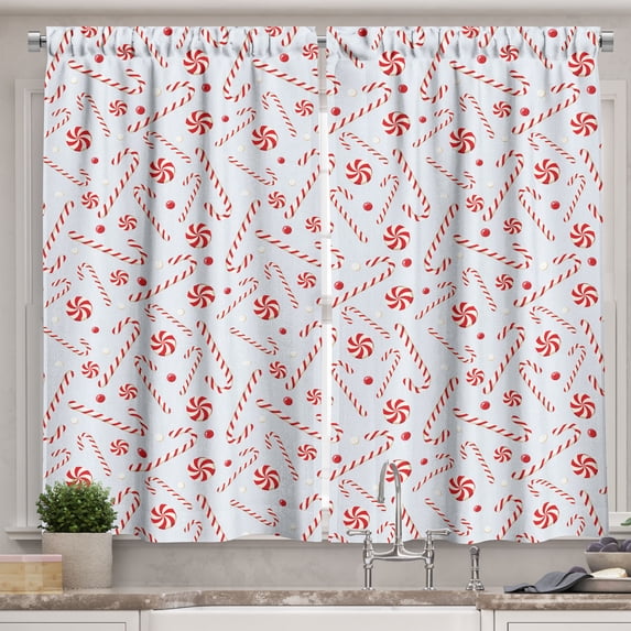 Ambesonne Candy Cane Kitchen Curtains, Holiday Food, 55"x39", Red White Coconut