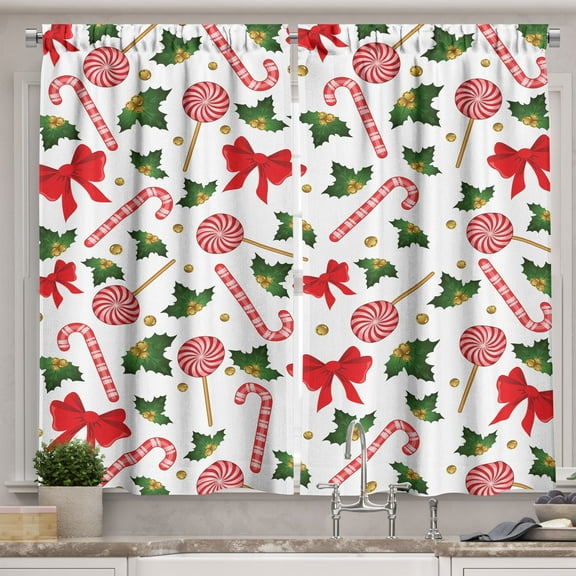 Ambesonne Candy Cane Kitchen Curtains, Mistletoe and Sweets, 55"x39", Multicolor