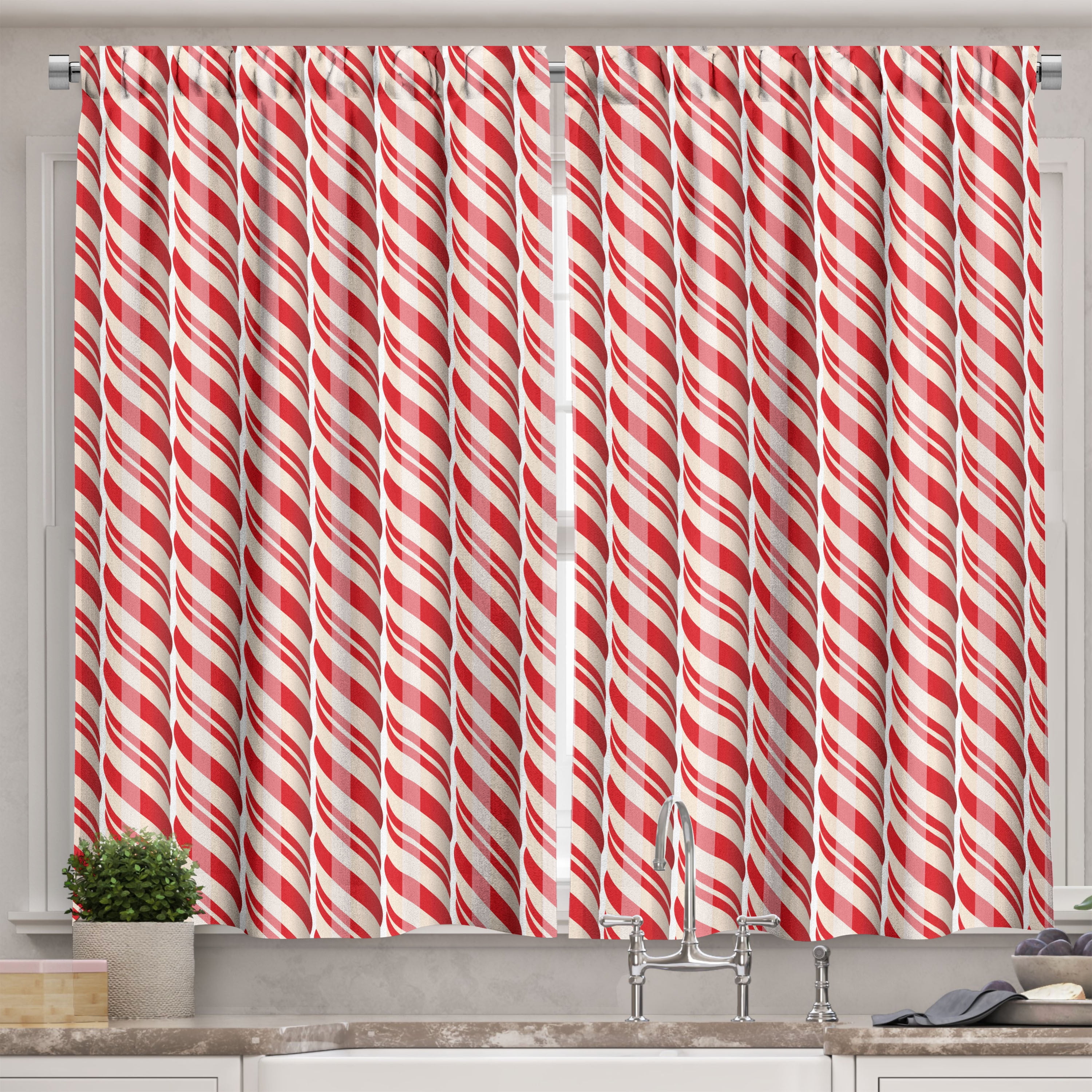 Ambesonne Candy Cane Kitchen Curtains, Red Christmas Sweets, 55"x39