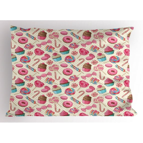 Ambesonne Candy Cane Pillow Sham, Yummy Food on Dots, 26" X 20", Multicolor