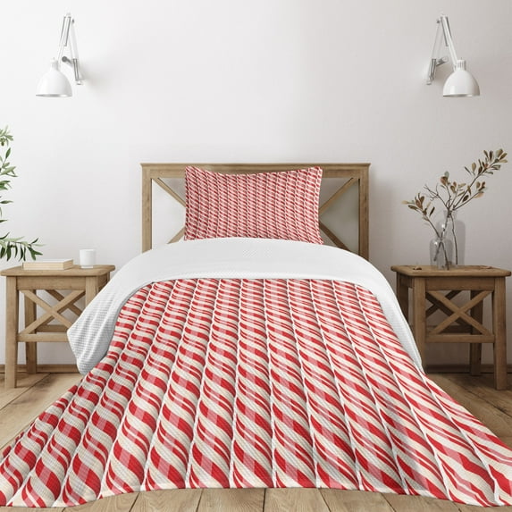 Ambesonne Candy Cane Quilted Bedspread Set 2 Pcs, Red Christmas Sweets, Twin Size, Red Cream