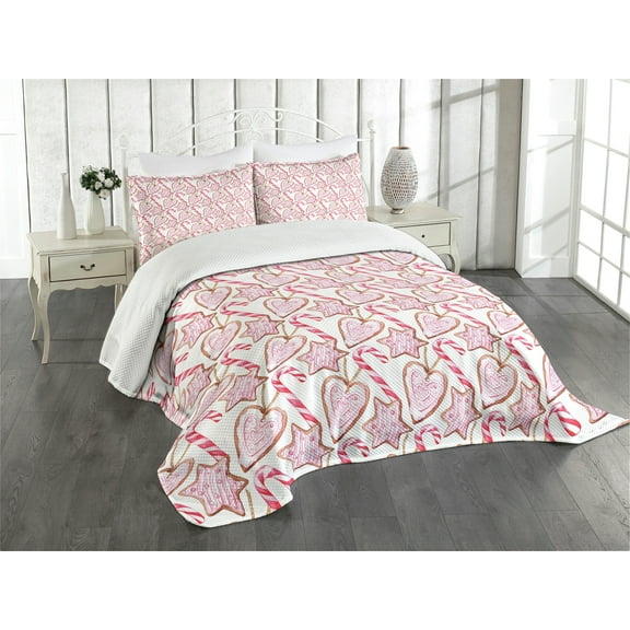 Ambesonne Candy Cane Quilted Bedspread Set 3 Pcs, Watercolor Cookies, King Size, Pale Pink Brown Pink