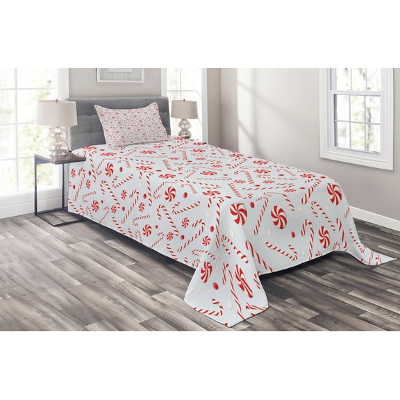 Ambesonne Candy Cane Quilted Coverlet 2 Pcs, Holiday Food, Twin Size, Red White Coconut