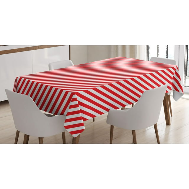 Ambesonne Candy Cane Tablecloth Rectangular Table Cover, Diagonal Red Lines, 60"x84", Red White