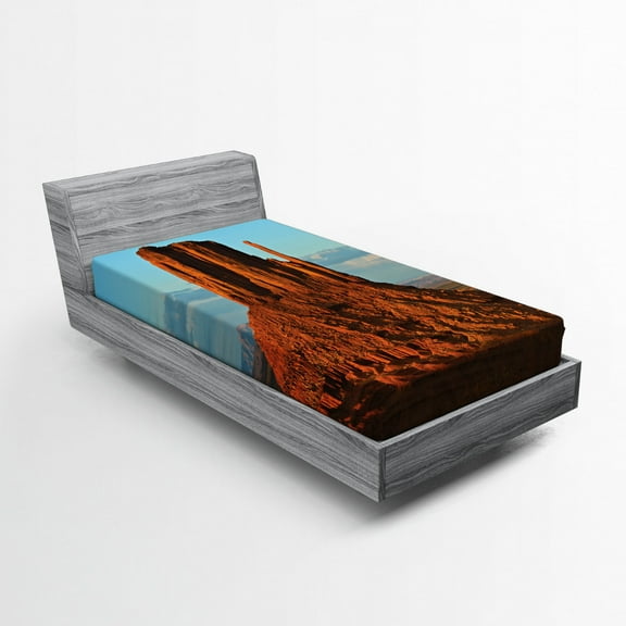 Ambesonne Canyon Fitted Sheet, Monument Valley America, Twin Size, Blue Orange