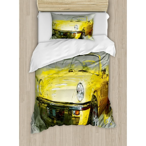 Ambesonne Car Duvet Cover Set, Vintage Retro Style Cuban, Twin, Sage Green Yellow