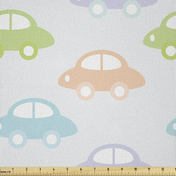 Ambesonne Car Fabric by the Yard Microfiber, Pastel Cars Pattern Minimalist, 1 Yard, Multicolor and Pearl