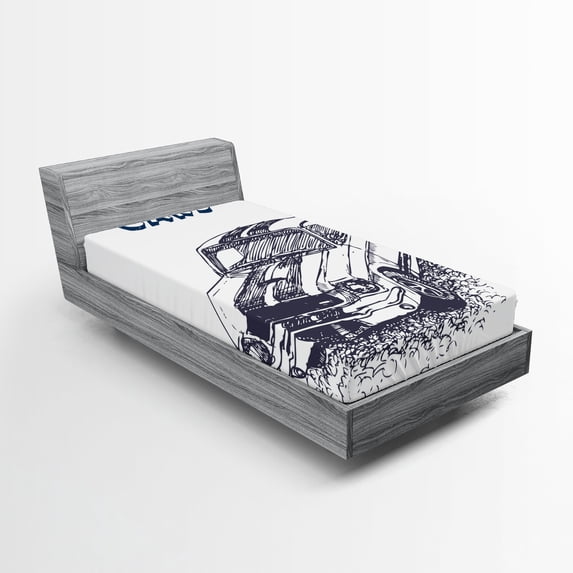 Ambesonne Car Fitted Sheet, Sports Car Grunge, Twin XL Size, Black White