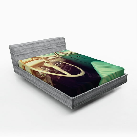 Ambesonne Car Fitted Sheet, Vintage Car at the Seaside, Full Size, Cream and Jade Green