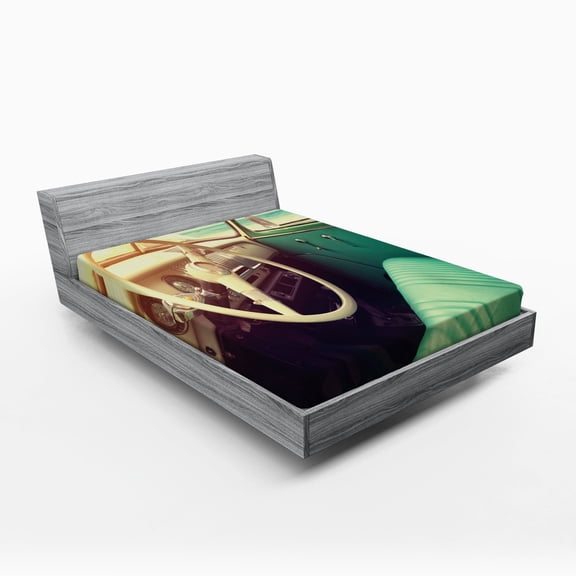 Ambesonne Car Fitted Sheet, Vintage Car at the Seaside, Queen Size, Cream and Jade Green