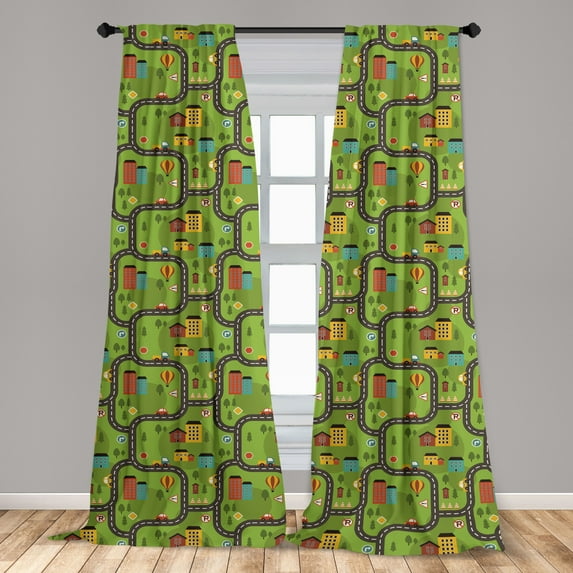 Ambesonne Car Race Track Curtains, Cartoon Road, Pair of 28"x84", Multicolor