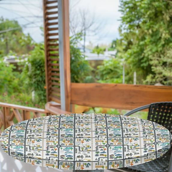 Ambesonne Car Race Track Fitted Round Tablecloth, Cityscape Road, 45"- 56" Diameter, Multicolor