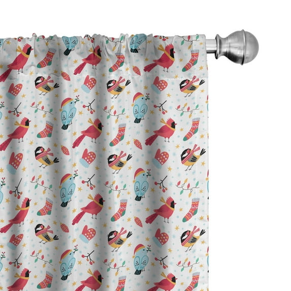 Ambesonne Cardinal Curtains, Cartoon Bird Winter Gloves, Pair of 28"x84", Dark Coral Soft Blue