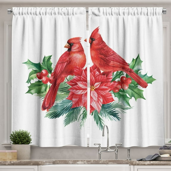 Ambesonne Cardinal Kitchen Curtains, Birds Leaves Flower Art, 55"x24", Vermilion Fern Green