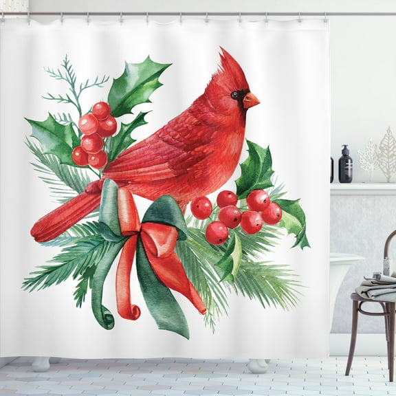 Ambesonne Cardinal Shower Curtain, Red Bird Berries Leaves, 69"Wx75"L, Dark Pink and Fern Green