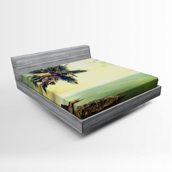 Ambesonne Caribbean Fitted Sheet, Palm Tree Rocky Shore, Queen Size, Almond Green Pale Yellow