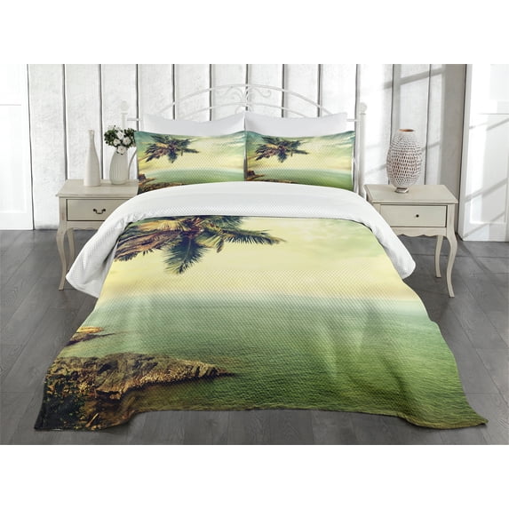 Ambesonne Caribbean Quilted Bedspread Set 3 Pcs, Palm Tree Rocky Shore, King Size, Almond Green Pale Yellow