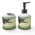 thumbnail image 1 of Ambesonne Caribbean Soap Dispenser & Toothbrush Holder Set, Palm Tree Rocky Shore, 2 Pcs, Almond Green Pale Yellow, 1 of 6