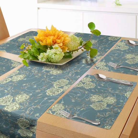 Ambesonne Carnation Table Runner & Placemats, Soft Twigs Swirly Garden, Placemat 4 pcs + Runner 14"x90", Cadet Blue and Pale Green
