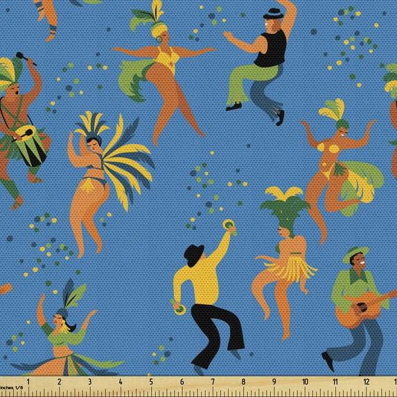 Ambesonne Carnival Fabric by the Yard Upholstery, Men and Women in Costumes, 10 Yards, Sea Blue and Multicolor