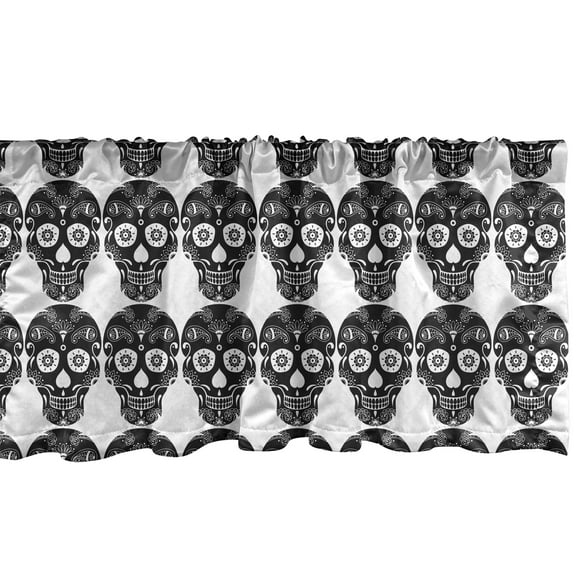 Ambesonne Carnival Valance Pack of 2, Ornamental Skull Print, 42"X12", Charcoal Grey White