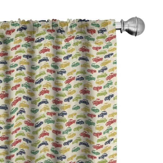 Ambesonne Cars Window Curtains, Curved Edged Vehicle Drawn Art, Each 28" W x 95" L, Fern Green Dark Blue and Red