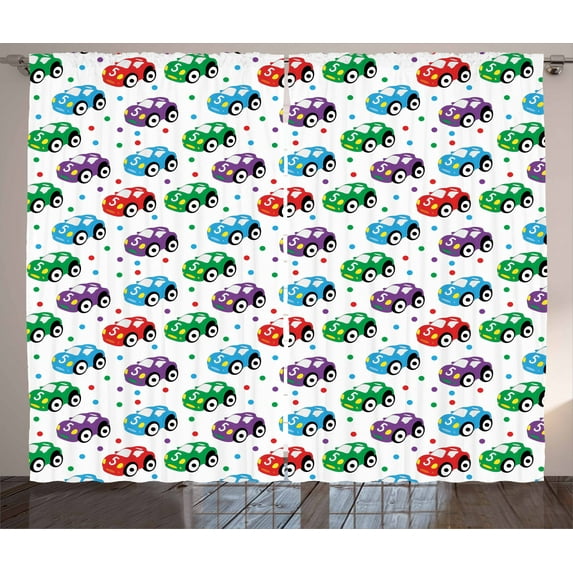 Ambesonne Cars Curtains 2 Panel Set, Colorful Cartoon Automobile, 108" x 63", Multicolor