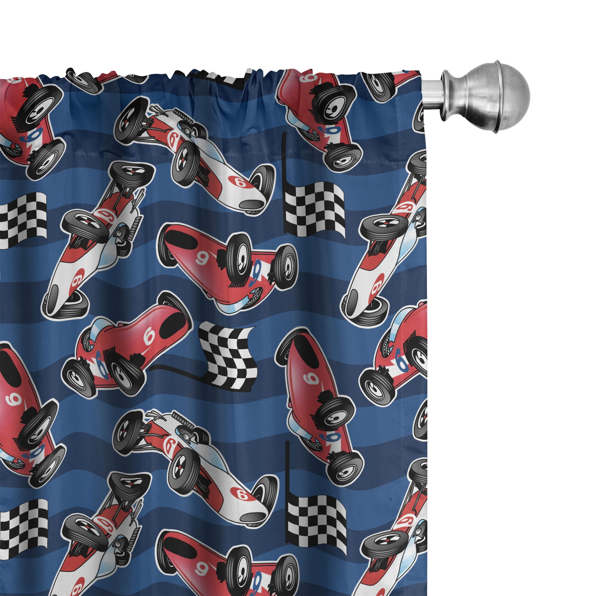 Navy Blue Red Racing Car Print Rod Pocket Curtains
