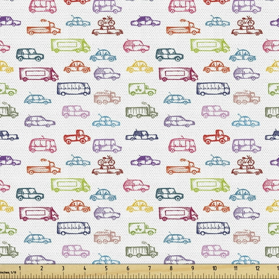 Ambesonne Cars Fabric by the Yard Upholstery, Colorful Funny Bus and Truck, 1 Yard, Multicolor