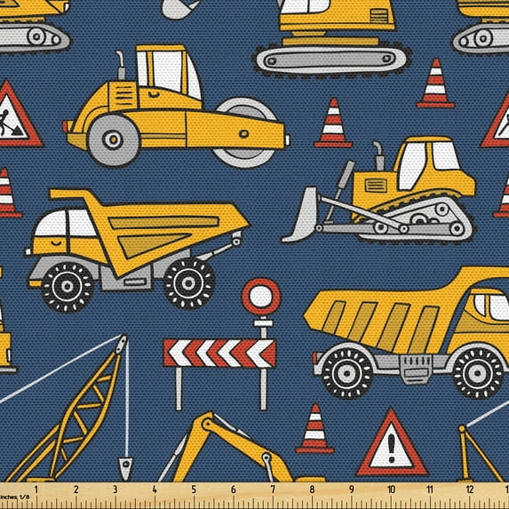 Ambesonne Cars Fabric by the Yard Upholstery, Construction Vehicles Image, 1 Yard, Slate Blue and Earth Yellow